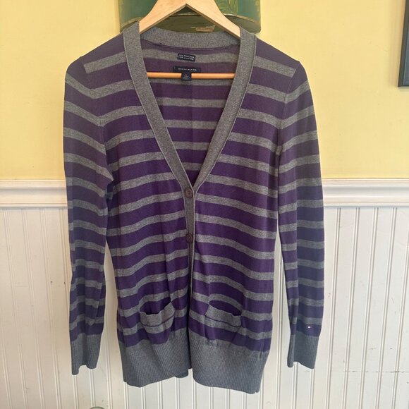 Tommy Hilfiger Womens Striped Purple & Gray Cardigan Sweater 100% Pima Cotton M - Picture 1 of 6